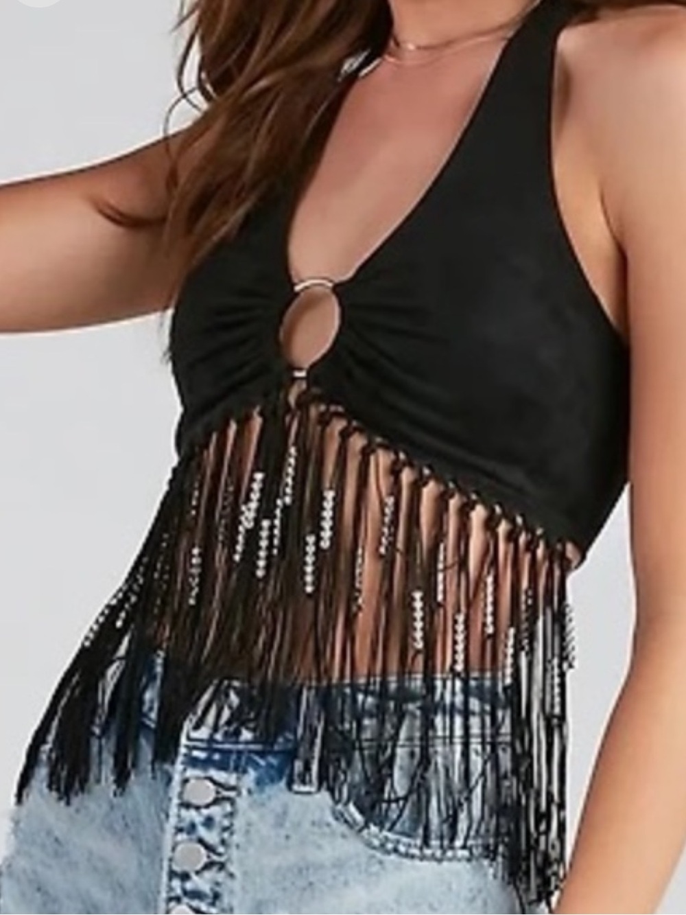 Windsor Black O-Ring Halter Western Cowgirl Fringe Crop Top Size Small